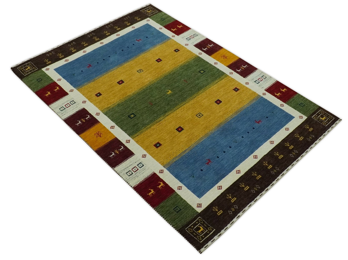 Tribal Gabbeh Green, Gold, Blue, Maroon and Ivory Stripes Design Traditional Hand loom 4.6x6.6 Wool Area Rug