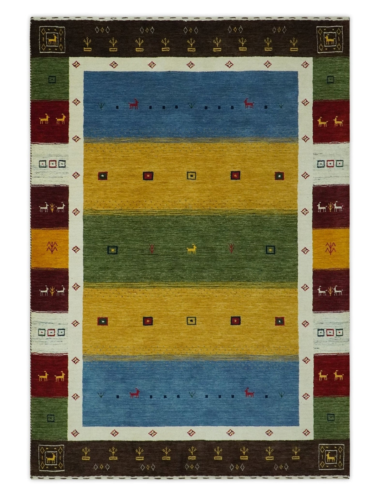 Tribal Gabbeh Green, Gold, Blue, Maroon and Ivory Stripes Design Traditional Hand loom 4.6x6.6 Wool Area Rug