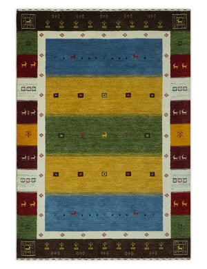 Tribal Gabbeh Green, Gold, Blue, Maroon and Ivory Stripes Design Traditional Hand loom 4.6x6.6 Wool Area Rug