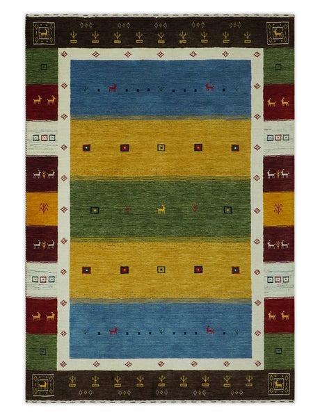 Tribal Gabbeh Green, Gold, Blue, Maroon and Ivory Stripes Design Traditional Hand loom 4.6x6.6 Wool Area Rug