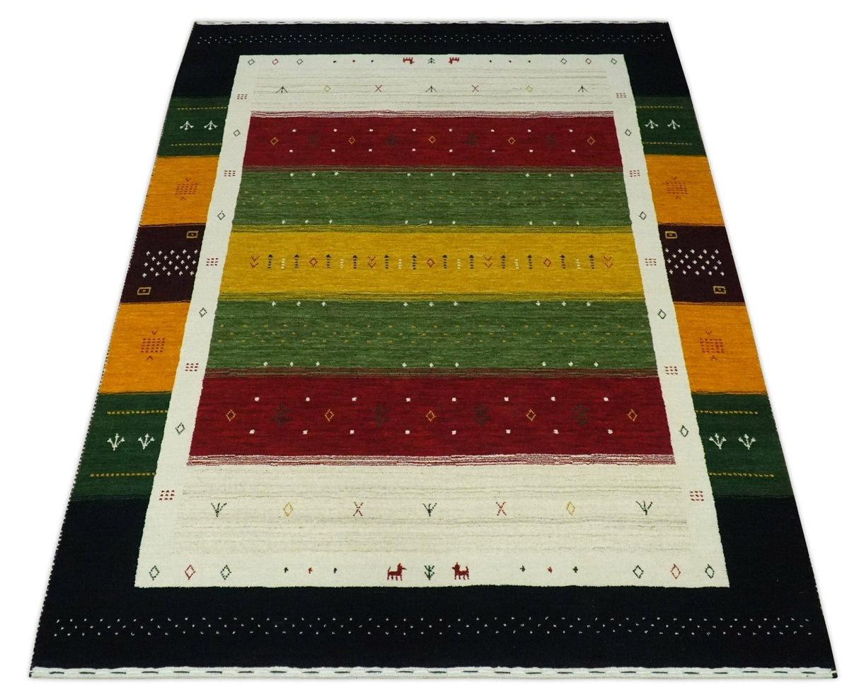 Tribal Gabbeh Green, Gold, Ivory, Maroon and Black Stripes design Traditional Hand loom 4.6x7 Wool Area Rug