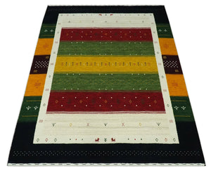 Tribal Gabbeh Green, Gold, Ivory, Maroon and Black Stripes design Traditional Hand loom 4.6x7 Wool Area Rug