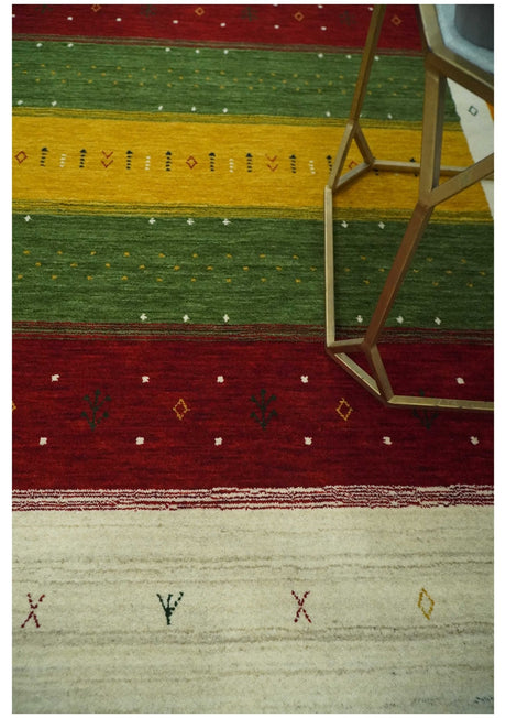 Tribal Gabbeh Green, Gold, Ivory, Maroon and Black Stripes design Traditional Hand loom 4.6x7 Wool Area Rug