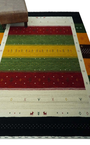 Tribal Gabbeh Green, Gold, Ivory, Maroon and Black Stripes design Traditional Hand loom 4.6x7 Wool Area Rug