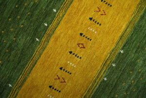 Tribal Gabbeh Green, Gold, Ivory, Maroon and Black Stripes design Traditional Hand loom 4.6x7 Wool Area Rug