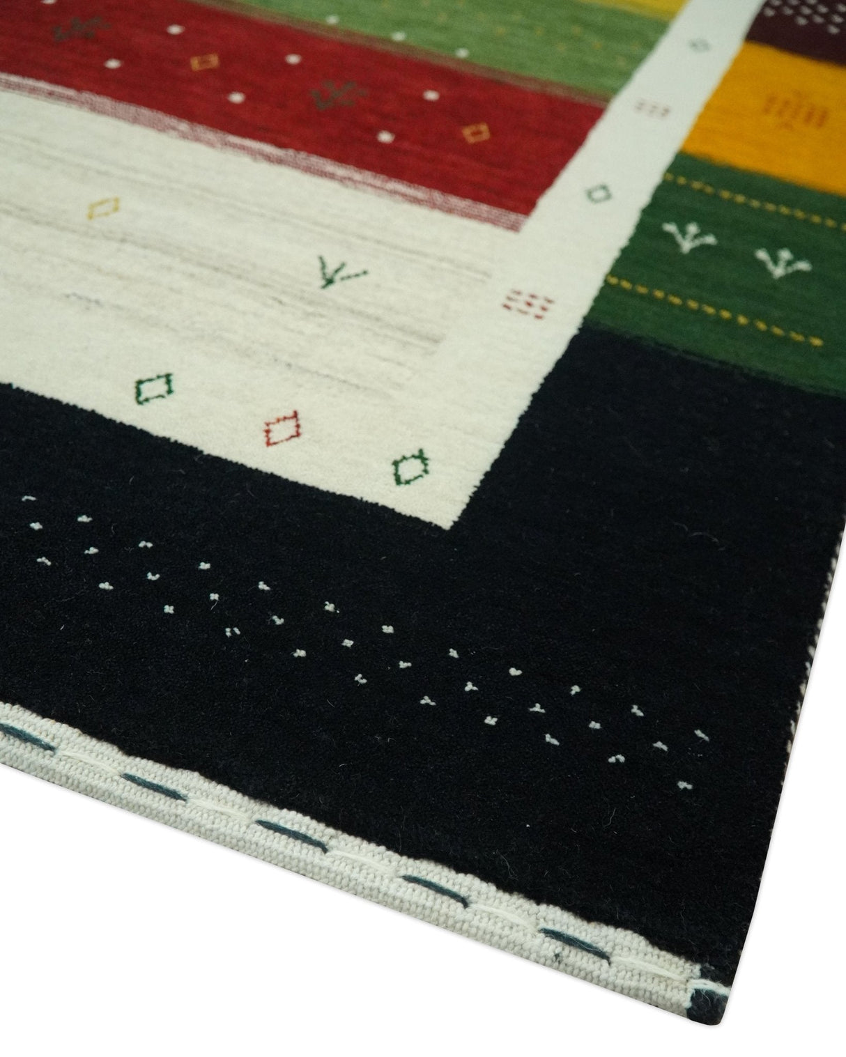 Tribal Gabbeh Green, Gold, Ivory, Maroon and Black Stripes design Traditional Hand loom 4.6x7 Wool Area Rug