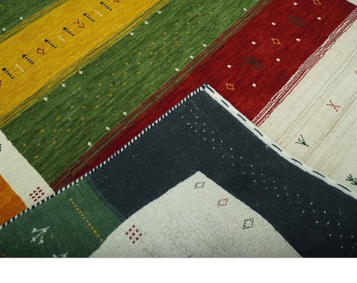 Tribal Gabbeh Green, Gold, Ivory, Maroon and Black Stripes design Traditional Hand loom 4.6x7 Wool Area Rug