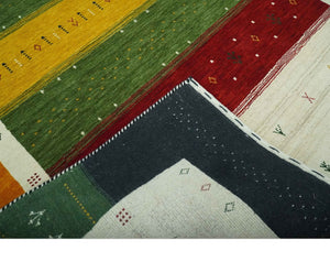 Tribal Gabbeh Green, Gold, Ivory, Maroon and Black Stripes design Traditional Hand loom 4.6x7 Wool Area Rug