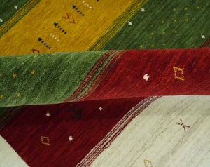 Tribal Gabbeh Green, Gold, Ivory, Maroon and Black Stripes design Traditional Hand loom 4.6x7 Wool Area Rug