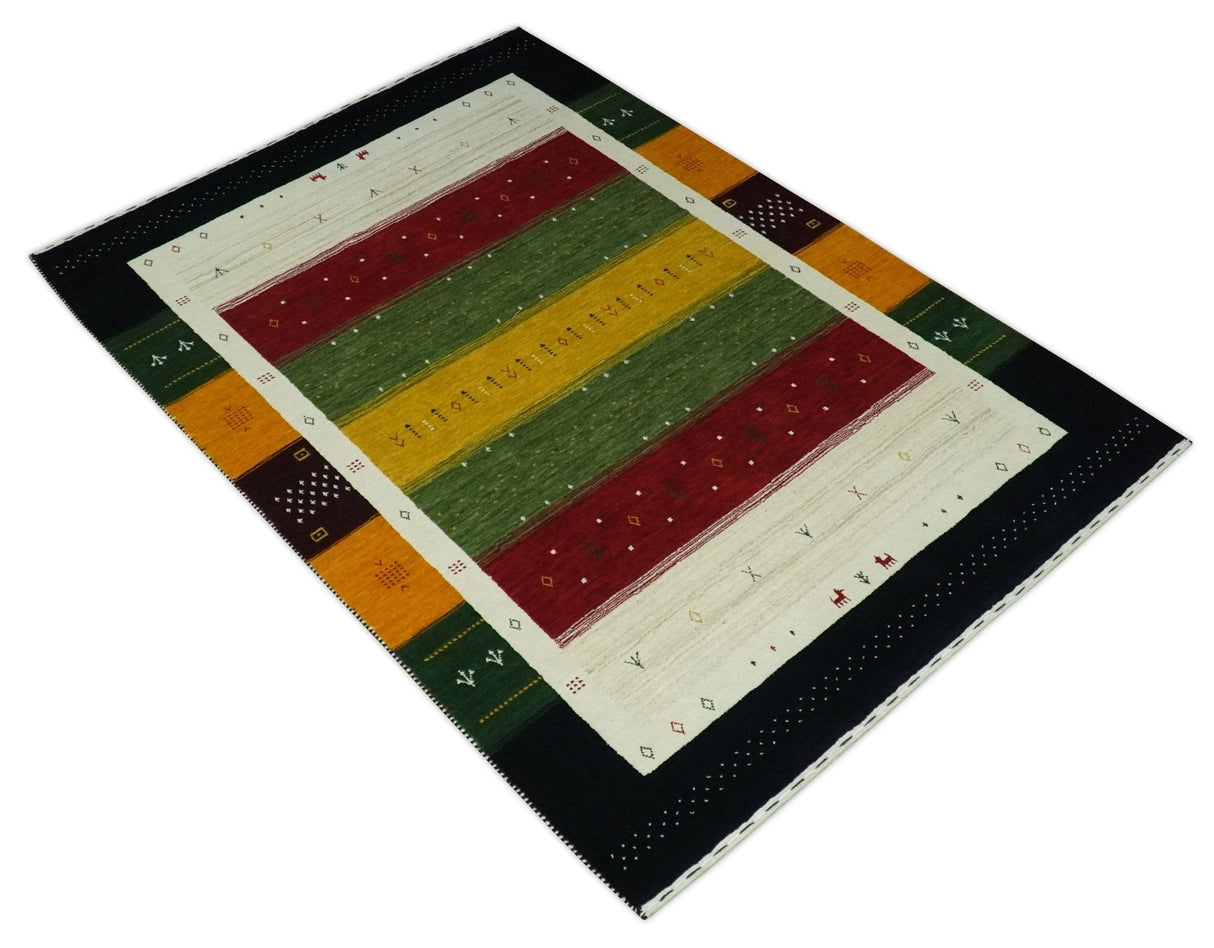 Tribal Gabbeh Green, Gold, Ivory, Maroon and Black Stripes design Traditional Hand loom 4.6x7 Wool Area Rug