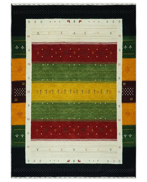 Tribal Gabbeh Green, Gold, Ivory, Maroon and Black Stripes design Traditional Hand loom 4.6x7 Wool Area Rug