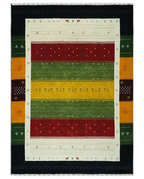 Tribal Gabbeh Green, Gold, Ivory, Maroon and Black Stripes design Traditional Hand loom 4.6x7 Wool Area Rug