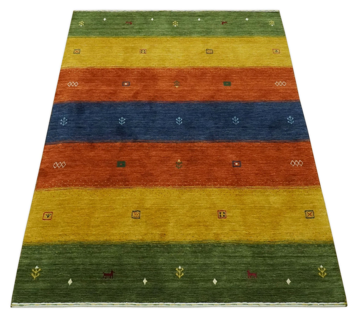 Tribal Gabbeh Green, Gold, Rust and Blue Stripes Design 4.6x7 Wool area Rug