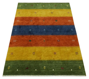 Tribal Gabbeh Green, Gold, Rust and Blue Stripes Design 4.6x7 Wool area Rug