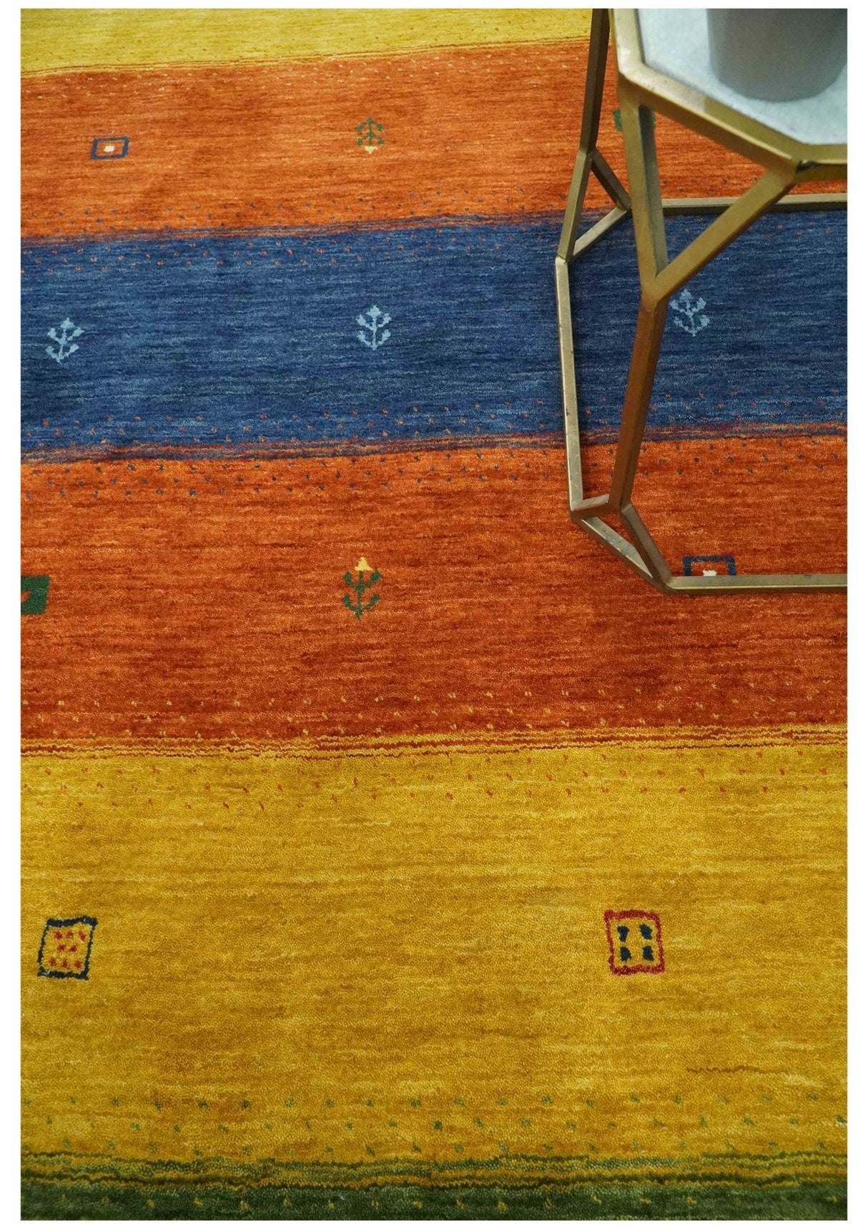 Tribal Gabbeh Green, Gold, Rust and Blue Stripes Design 4.6x7 Wool area Rug