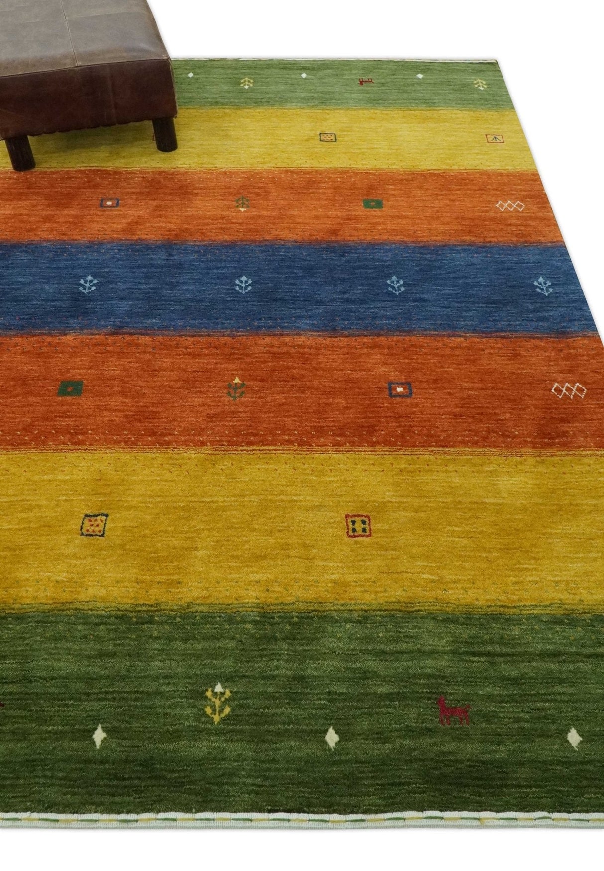 Tribal Gabbeh Green, Gold, Rust and Blue Stripes Design 4.6x7 Wool area Rug