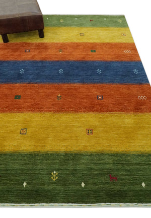 Tribal Gabbeh Green, Gold, Rust and Blue Stripes Design 4.6x7 Wool area Rug