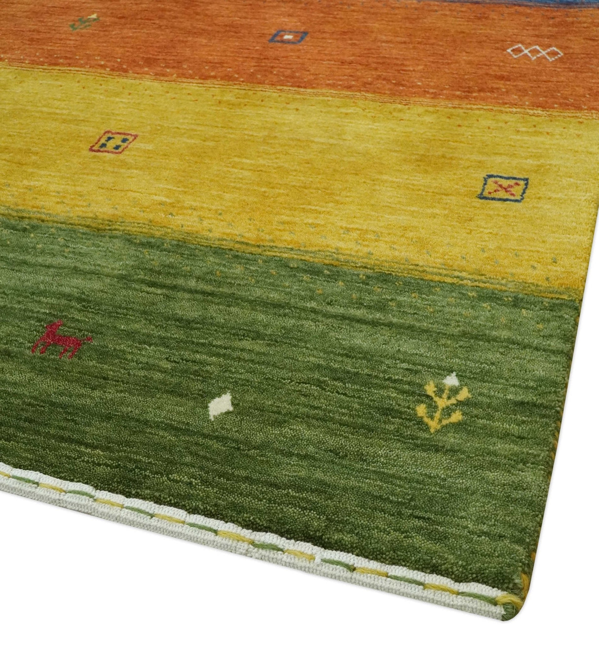 Tribal Gabbeh Green, Gold, Rust and Blue Stripes Design 4.6x7 Wool area Rug