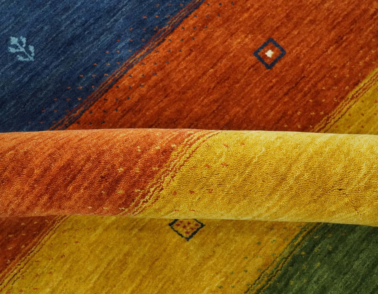 Tribal Gabbeh Green, Gold, Rust and Blue Stripes Design 4.6x7 Wool area Rug