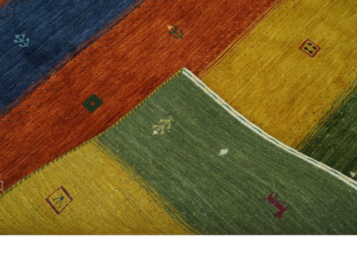 Tribal Gabbeh Green, Gold, Rust and Blue Stripes Design 4.6x7 Wool area Rug
