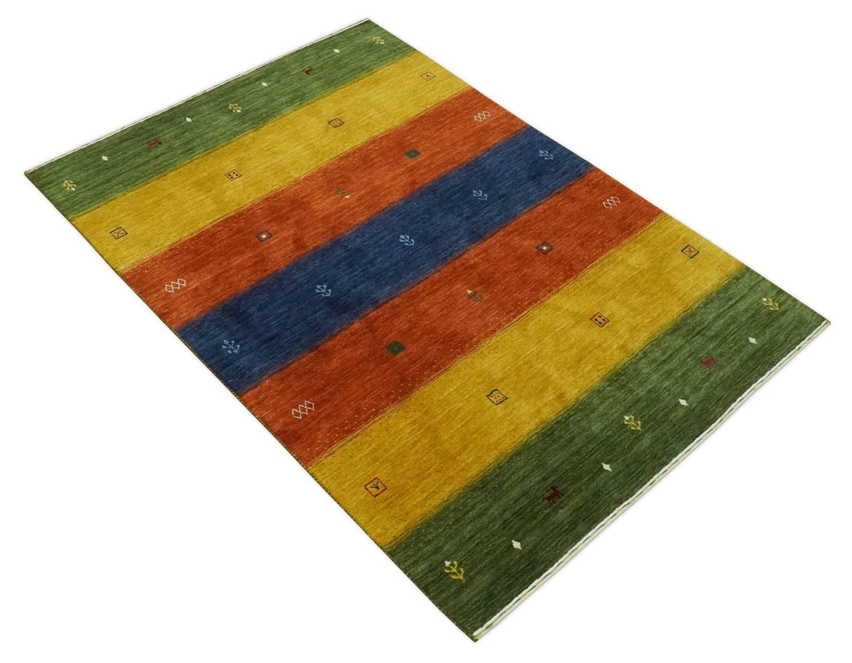 Tribal Gabbeh Green, Gold, Rust and Blue Stripes Design 4.6x7 Wool area Rug