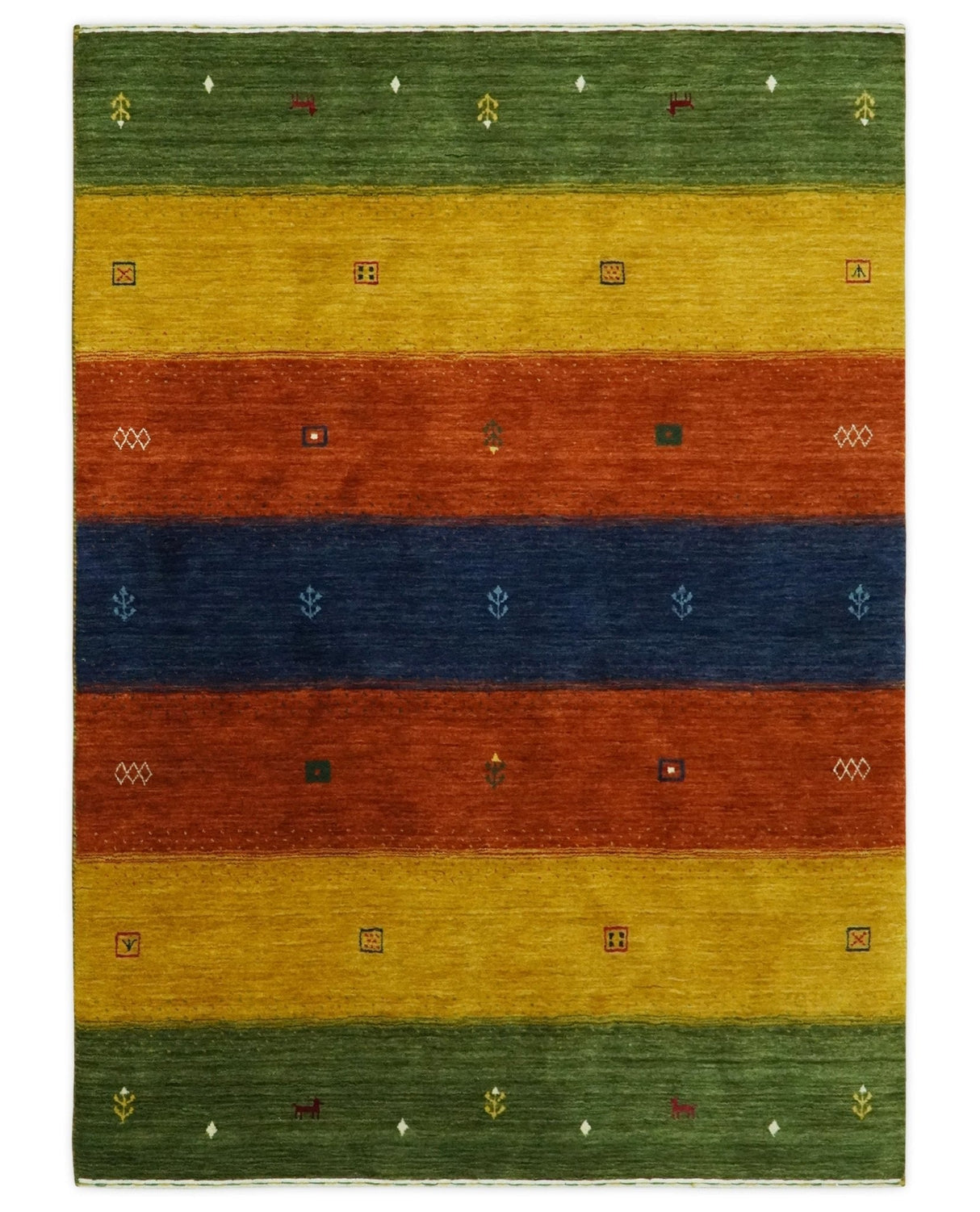 Tribal Gabbeh Green, Gold, Rust and Blue Stripes Design 4.6x7 Wool area Rug