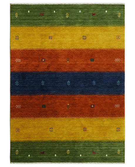 Tribal Gabbeh Green, Gold, Rust and Blue Stripes Design 4.6x7 Wool area Rug