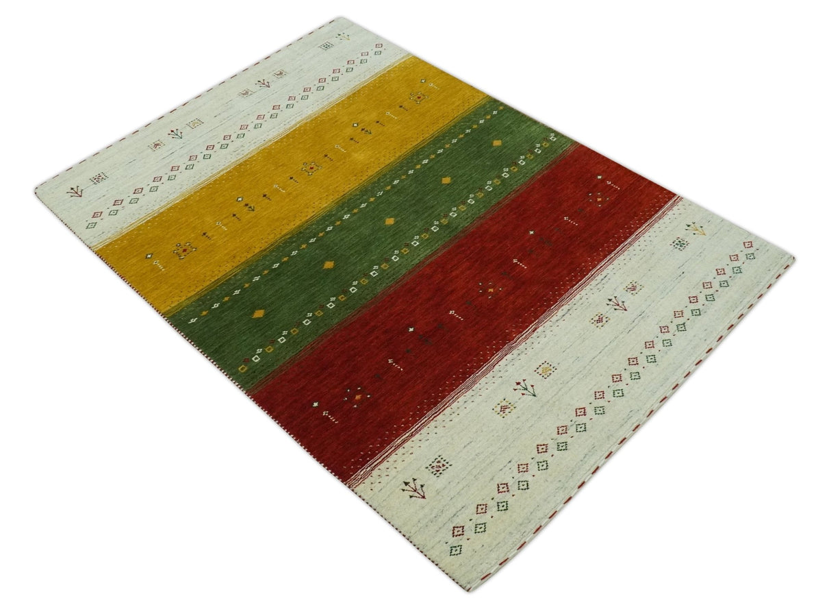 Tribal Gabbeh Ivory, Gold, Green and Maroon Geometrical Stripes Design 4.6x6.6 Hand loom wool area Rug