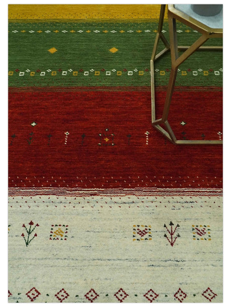 Tribal Gabbeh Ivory, Gold, Green and Maroon Geometrical Stripes Design 4.6x6.6 Hand loom wool area Rug