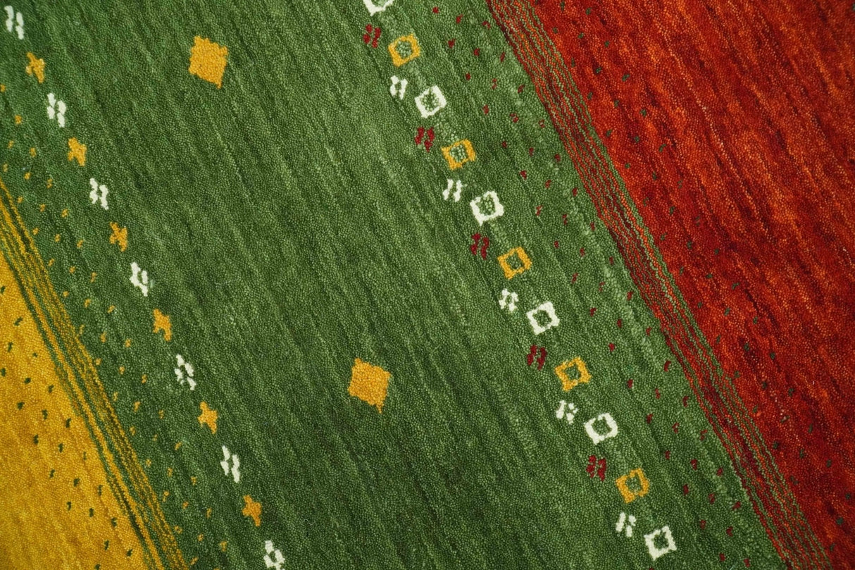 Tribal Gabbeh Ivory, Gold, Green and Maroon Geometrical Stripes Design 4.6x6.6 Hand loom wool area Rug