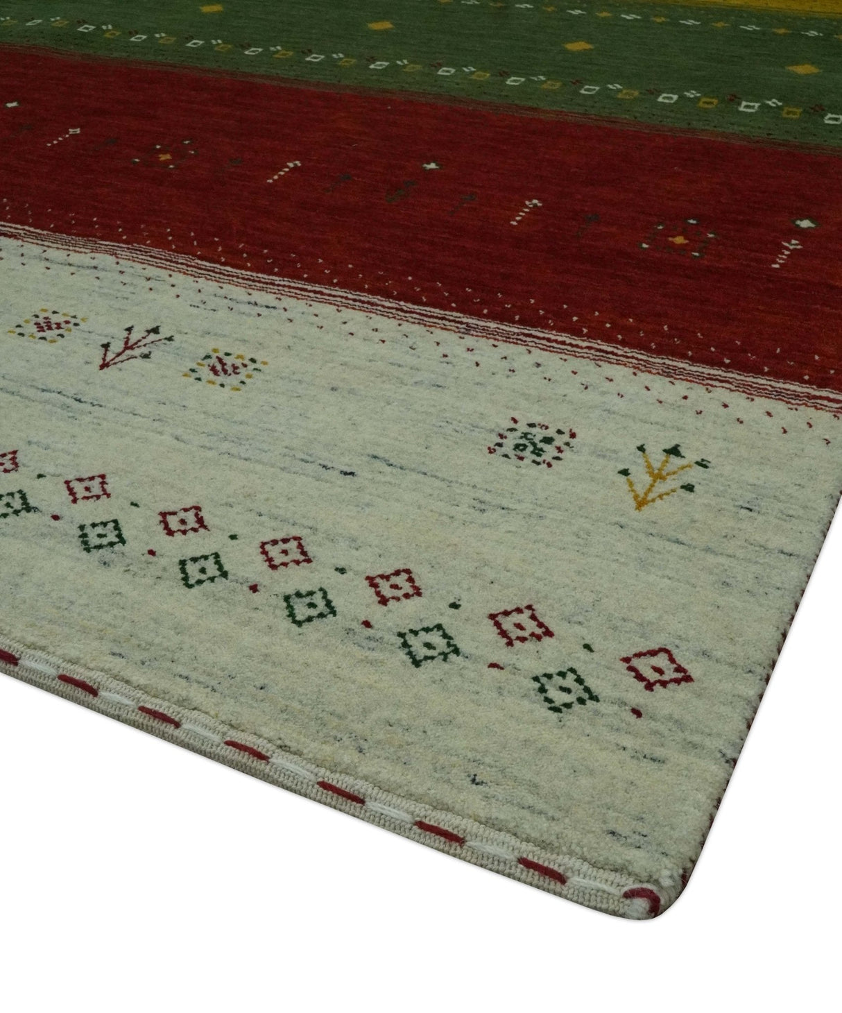 Tribal Gabbeh Ivory, Gold, Green and Maroon Geometrical Stripes Design 4.6x6.6 Hand loom wool area Rug