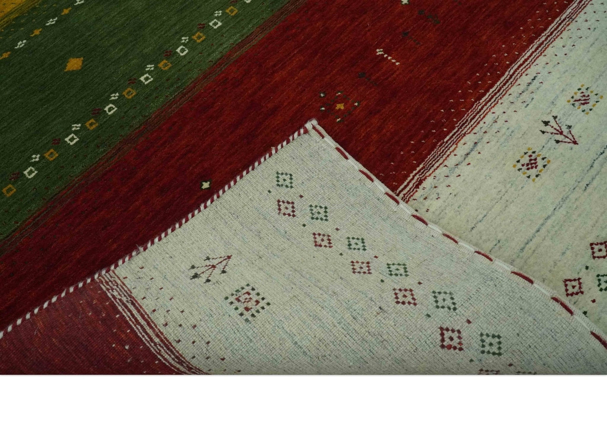 Tribal Gabbeh Ivory, Gold, Green and Maroon Geometrical Stripes Design 4.6x6.6 Hand loom wool area Rug