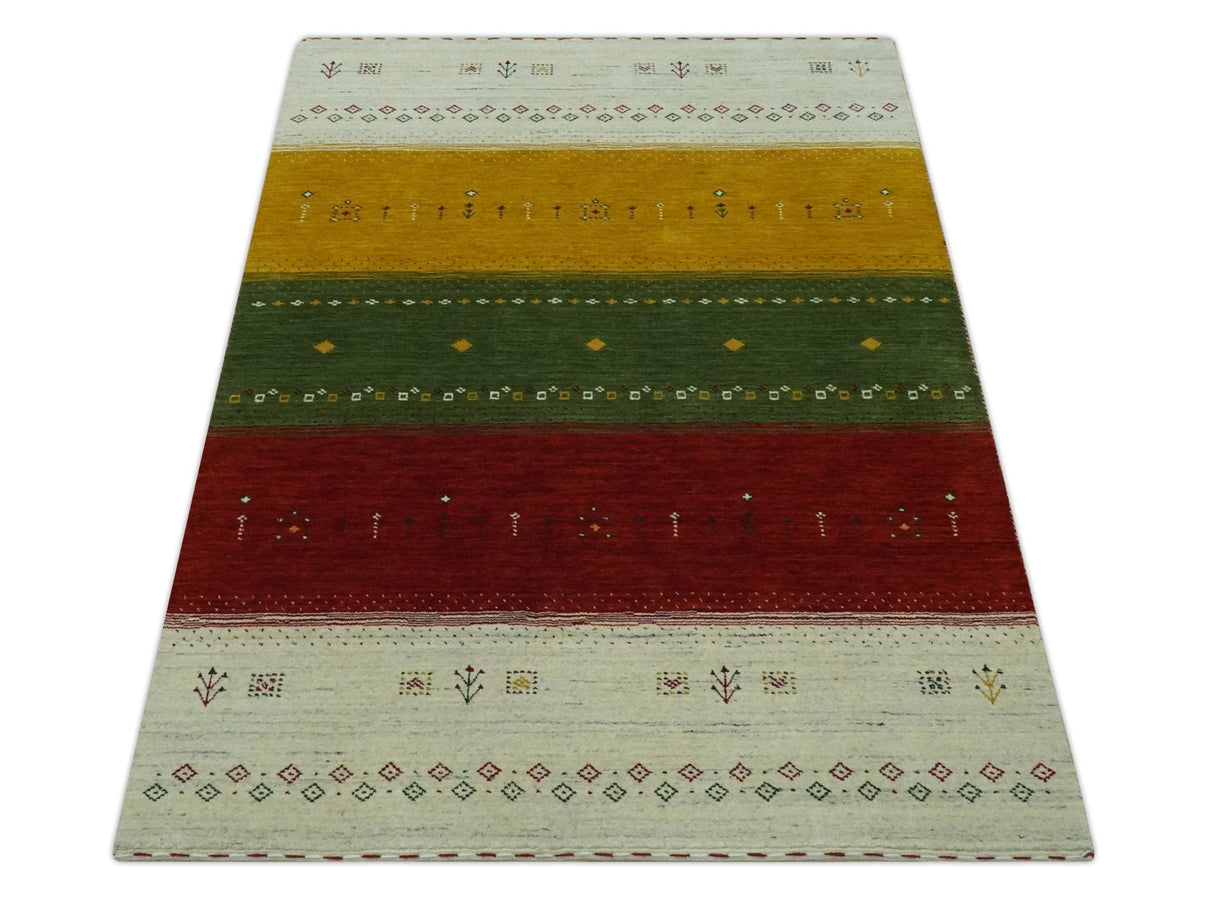 Tribal Gabbeh Ivory, Gold, Green and Maroon Geometrical Stripes Design 4.6x6.6 Hand loom wool area Rug