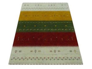 Tribal Gabbeh Ivory, Gold, Green and Maroon Geometrical Stripes Design 4.6x6.6 Hand loom wool area Rug