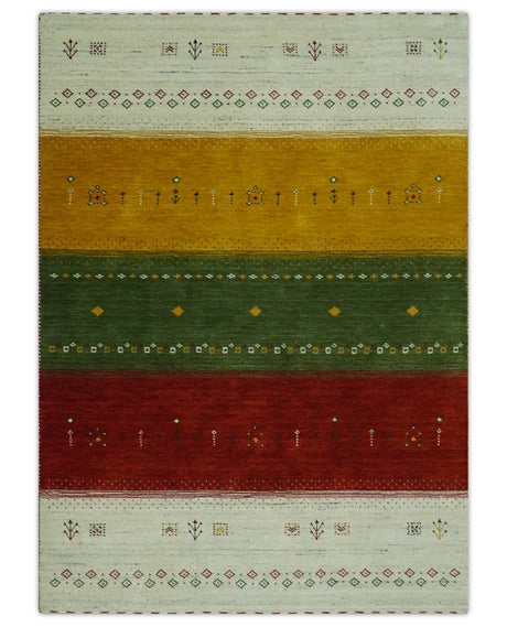 Tribal Gabbeh Ivory, Gold, Green and Maroon Geometrical Stripes Design 4.6x6.6 Hand loom wool area Rug
