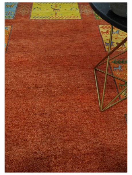 Tribal Gabbeh Rust, Green, Mustard and Aqua 8x10 Hand knotted Wool Area Rug
