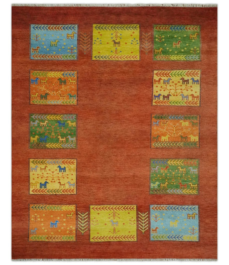 Tribal Gabbeh Rust, Green, Mustard and Aqua 8x10 Hand knotted Wool Area Rug