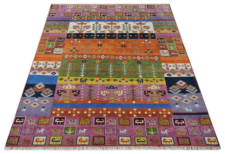Tribal Gabbeh Rust, Ivory, Green and Pink Hand knotted 8x10 Antique Look Traditional Wool Area Rug