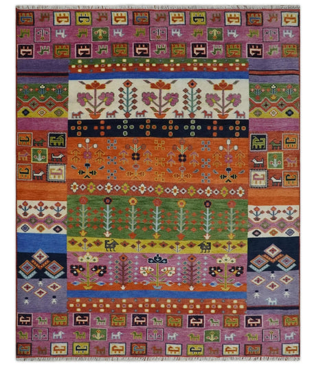 Tribal Gabbeh Rust, Ivory, Green and Pink Hand knotted 8x10 Antique Look Traditional Wool Area Rug