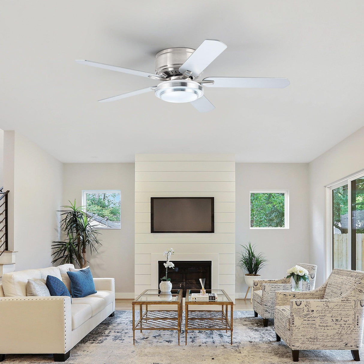 Vaczon 52 Inch Double-sided Blades Flush Mount LED Ceiling Fan with APP and Remote Control