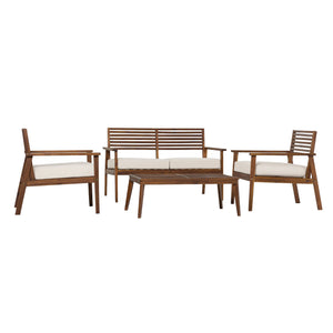 Valencia 4-Piece Mid-Century Modern Acacia Outdoor Slat-Back Chat Set with Coffee Table