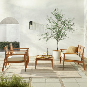 Valencia 4-Piece Mid-Century Modern Acacia Outdoor Slat-Back Chat Set with Coffee Table