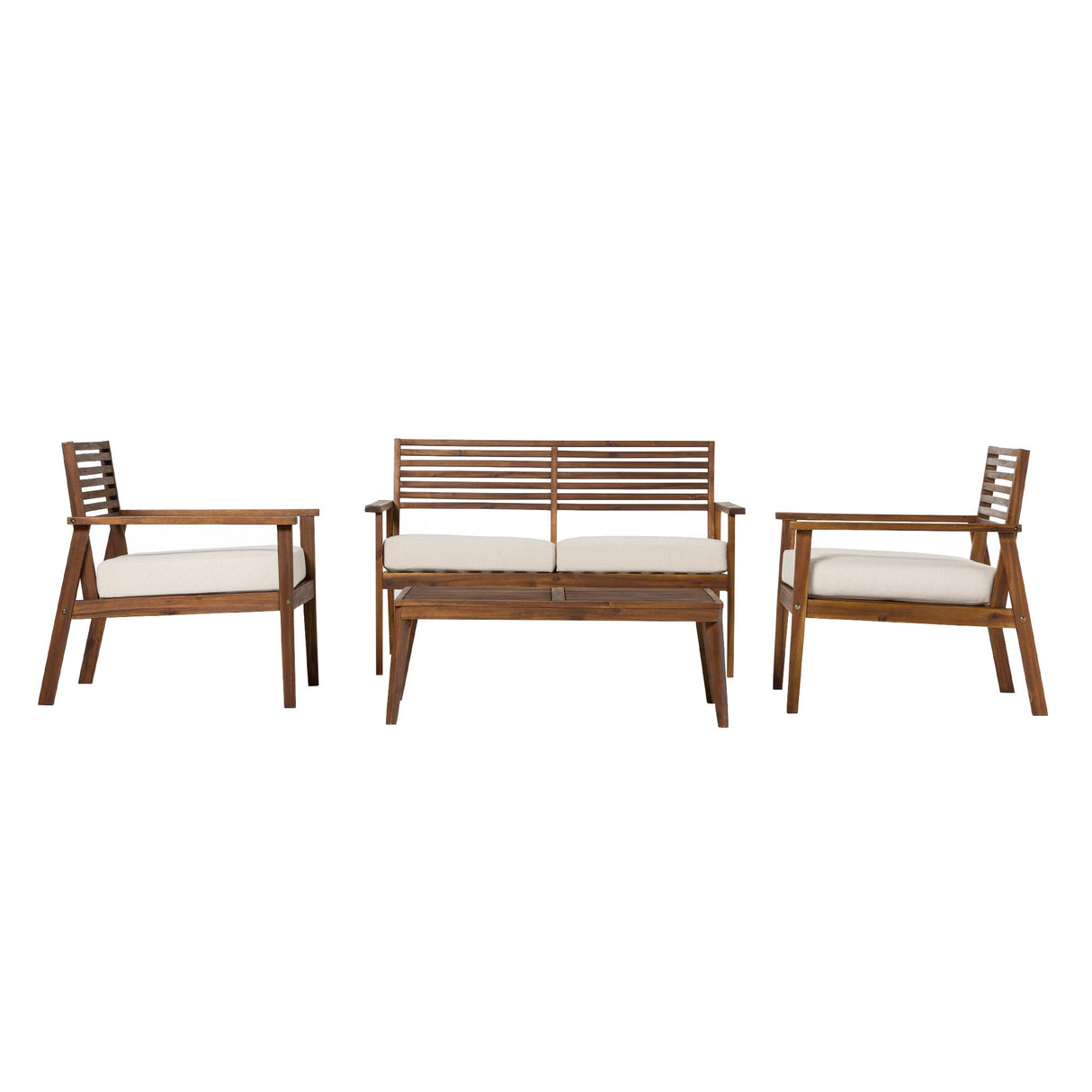 Valencia 4-Piece Mid-Century Modern Acacia Outdoor Slat-Back Chat Set with Coffee Table