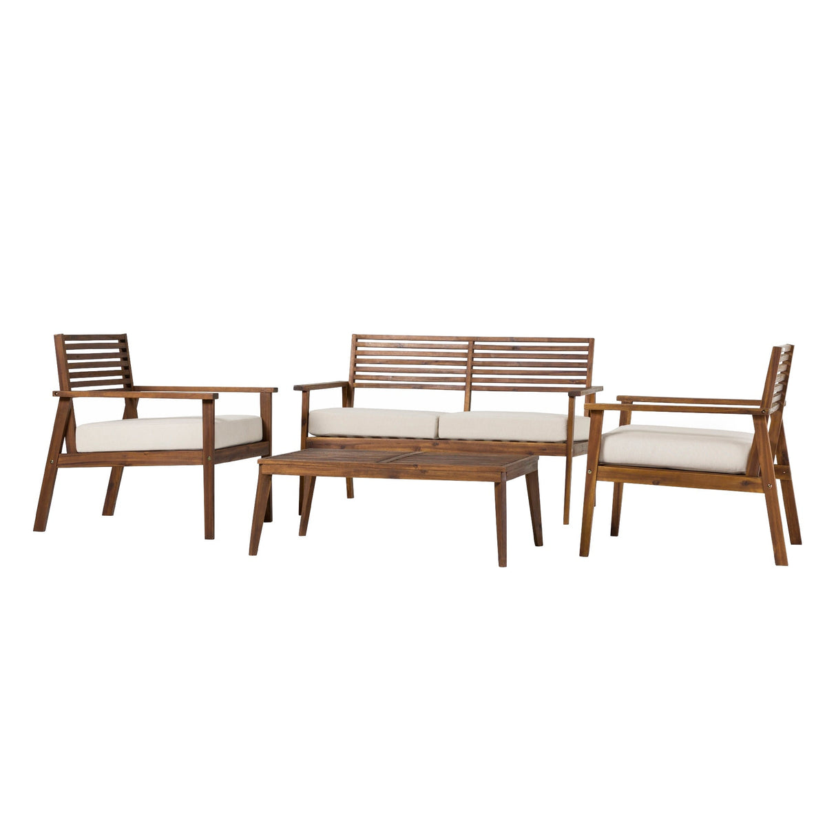 Valencia 4-Piece Mid-Century Modern Acacia Outdoor Slat-Back Chat Set with Coffee Table