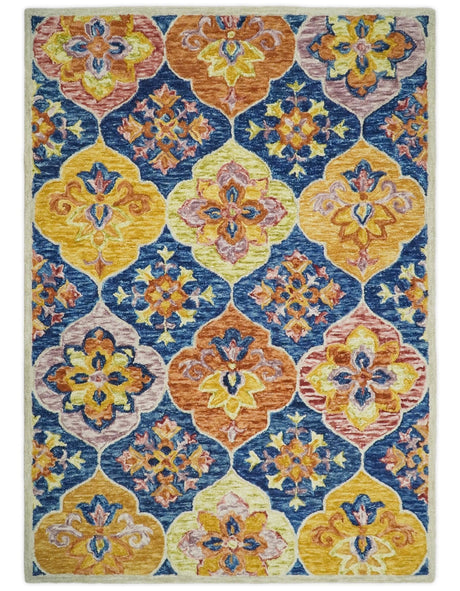 Vibrant 5x7 Hand Tufted Blue and Gold Modern Damask Oriental traditional Wool Area Rug | TRDMA41