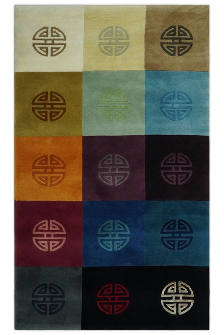 Vibrant Color full Modern Geometrical Pattern 3x5 Hand loom Wool and Art silk Aera Rug