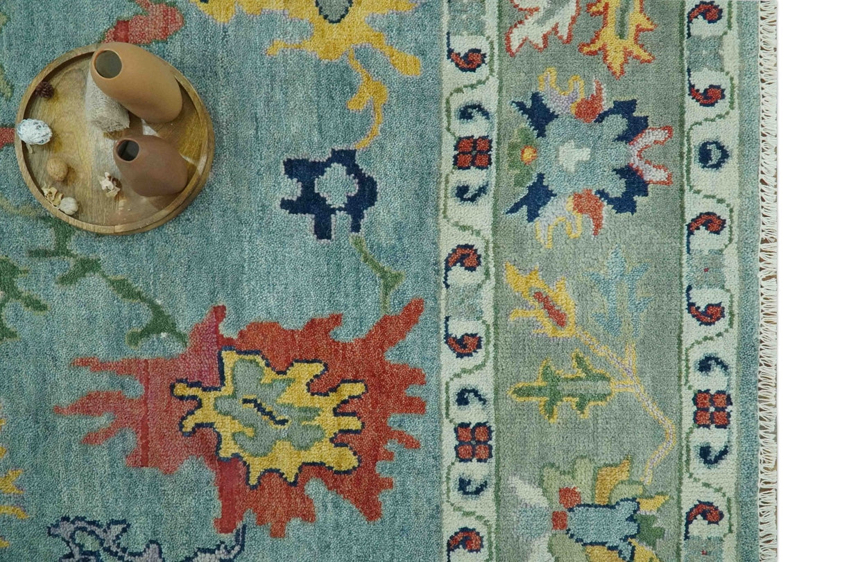 Vibrant Colorful 8x10 Gray and green Hand Knotted Traditional Oushak wool rug