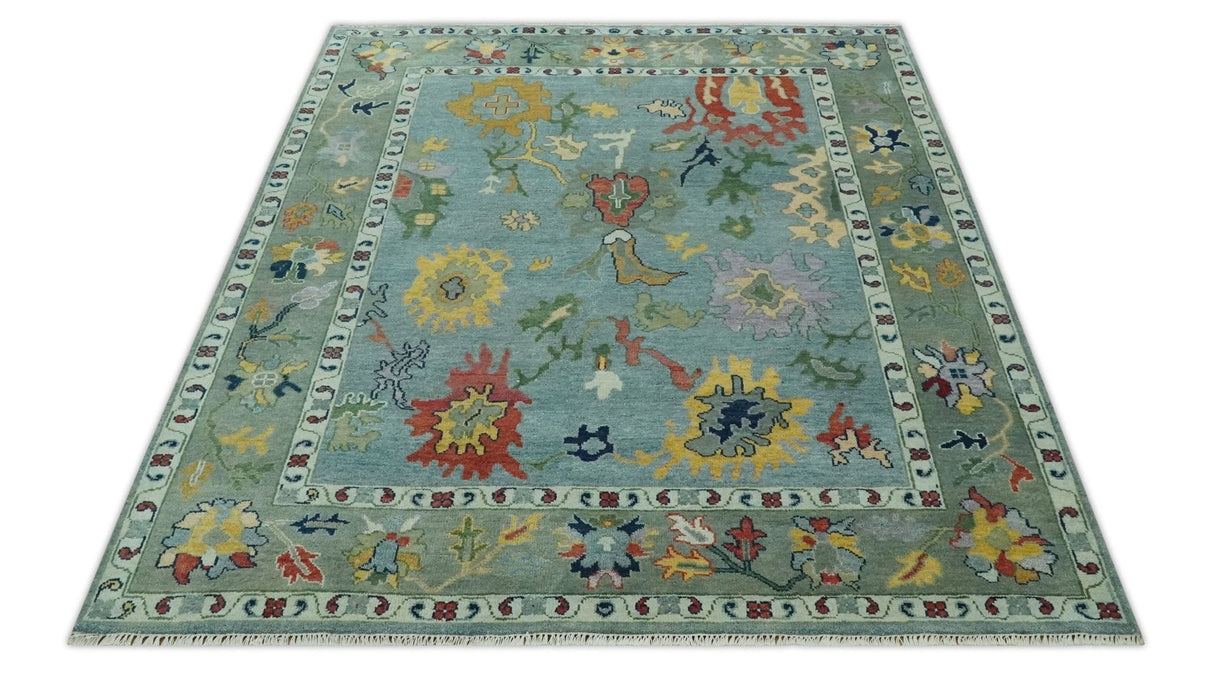 Vibrant Colorful 8x10 Gray and green Hand Knotted Traditional Oushak wool rug