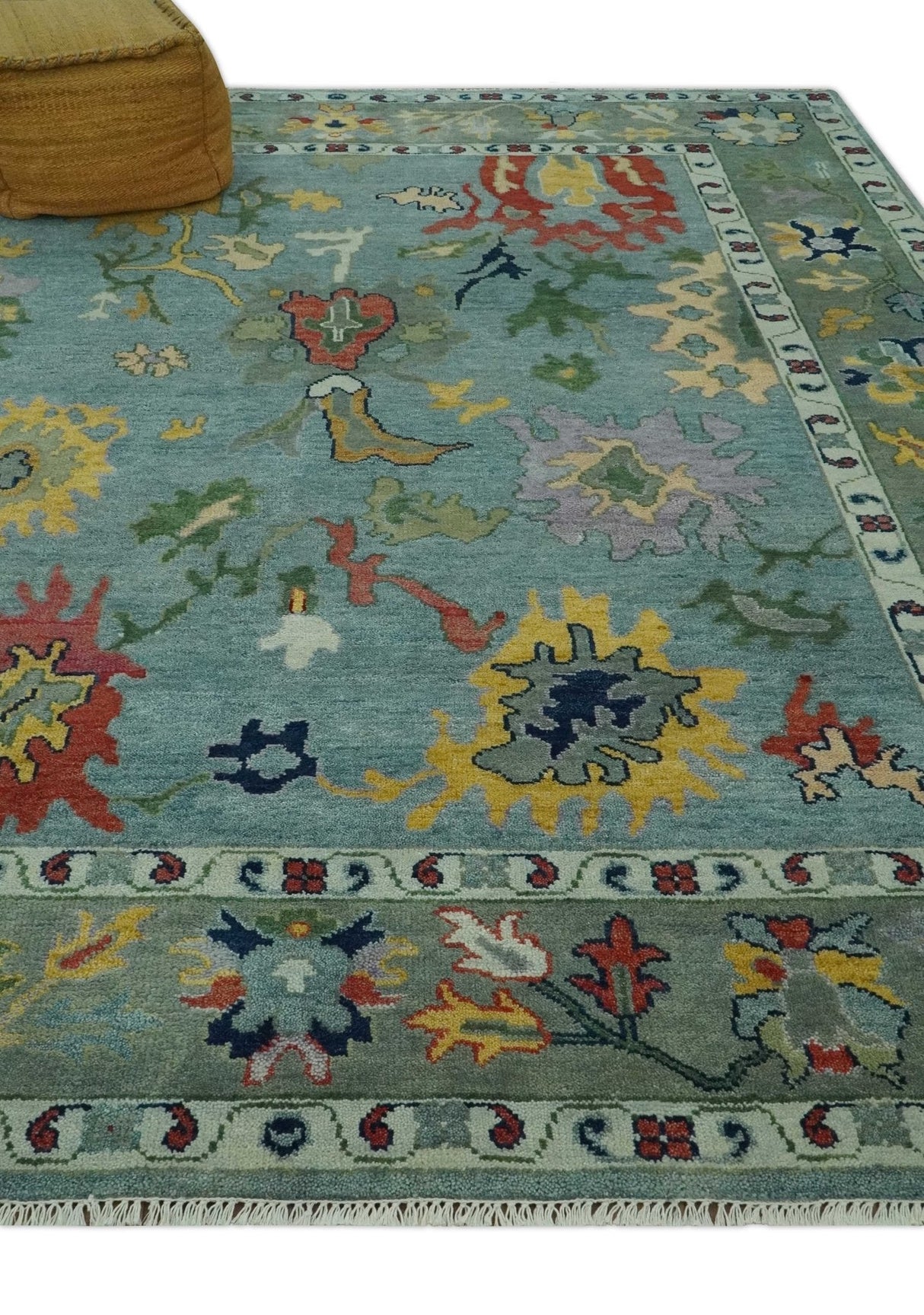 Vibrant Colorful 8x10 Gray and green Hand Knotted Traditional Oushak wool rug