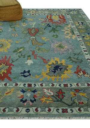 Vibrant Colorful 8x10 Gray and green Hand Knotted Traditional Oushak wool rug